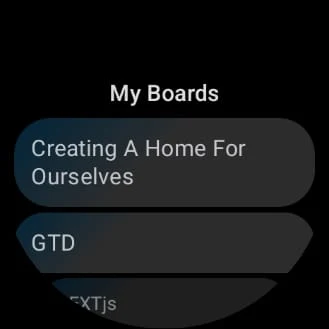 A close-up photograph of a modern smartwatch displaying a complex Trello board management interface. The screen shows task cards with tiny iconography and status indicators, optimized for Wear OS circular displays. The aesthetic is dark and minimalist with blue and gray tones, emphasizing technical precision and wearable utility in a professional studio setting.