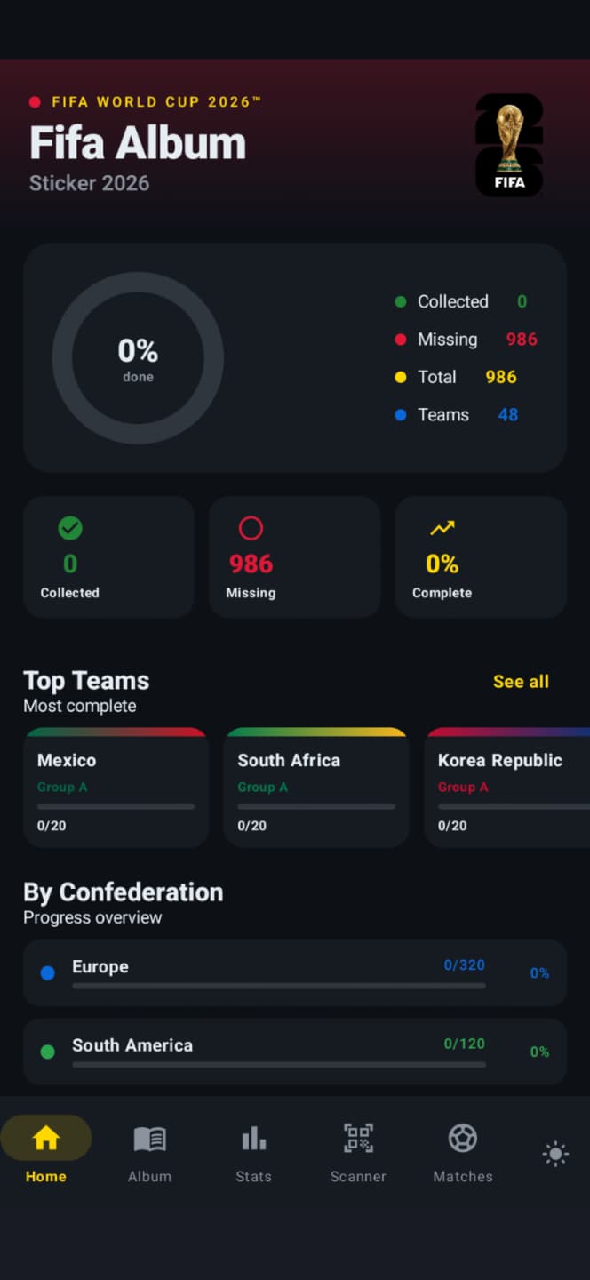 A sleek digital dashboard for tracking a sports card collection, featuring vibrant grid layouts and progress bars. The interface uses a sophisticated dark theme with glowing red and gold accents, reflecting the prestige of a global football event. Large typography and smooth motion-design elements create a premium, tactile feel within a high-performance native app environment.